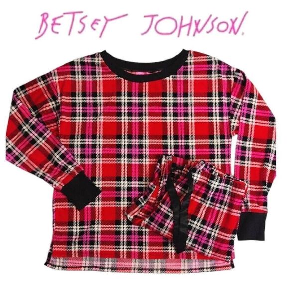 Betsey Johnson Y2K Pink Red Plaid Long Sleeve Pajama Pants Set Medium - Picture 1 of 16